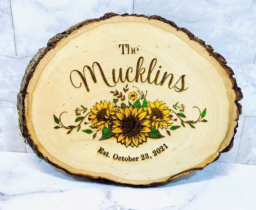 Personalized Sunflower Wedding Last Name Custom Personalized Wall Hanging Home Decor Wood Burned Live Edge Wall Hanging Sign