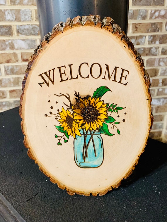 Woodburned Sunflower Piece-floral Pyrography Round Wooden Canvas -   Canada