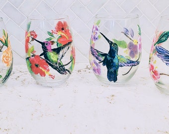 Hummingbird Stemless Wine Glasses Hand Painted Set Of 4 Gifts For Her, Christmas Gift, Mothers Day Gift, Valentines Day Gift, Gifts For Mom