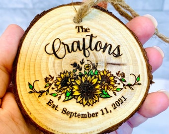 Personalized Sunflower Wedding Last Name Custom Personalized Christmas Ornament Home Decor Wood Burned Live Edge Wall Hanging Sign