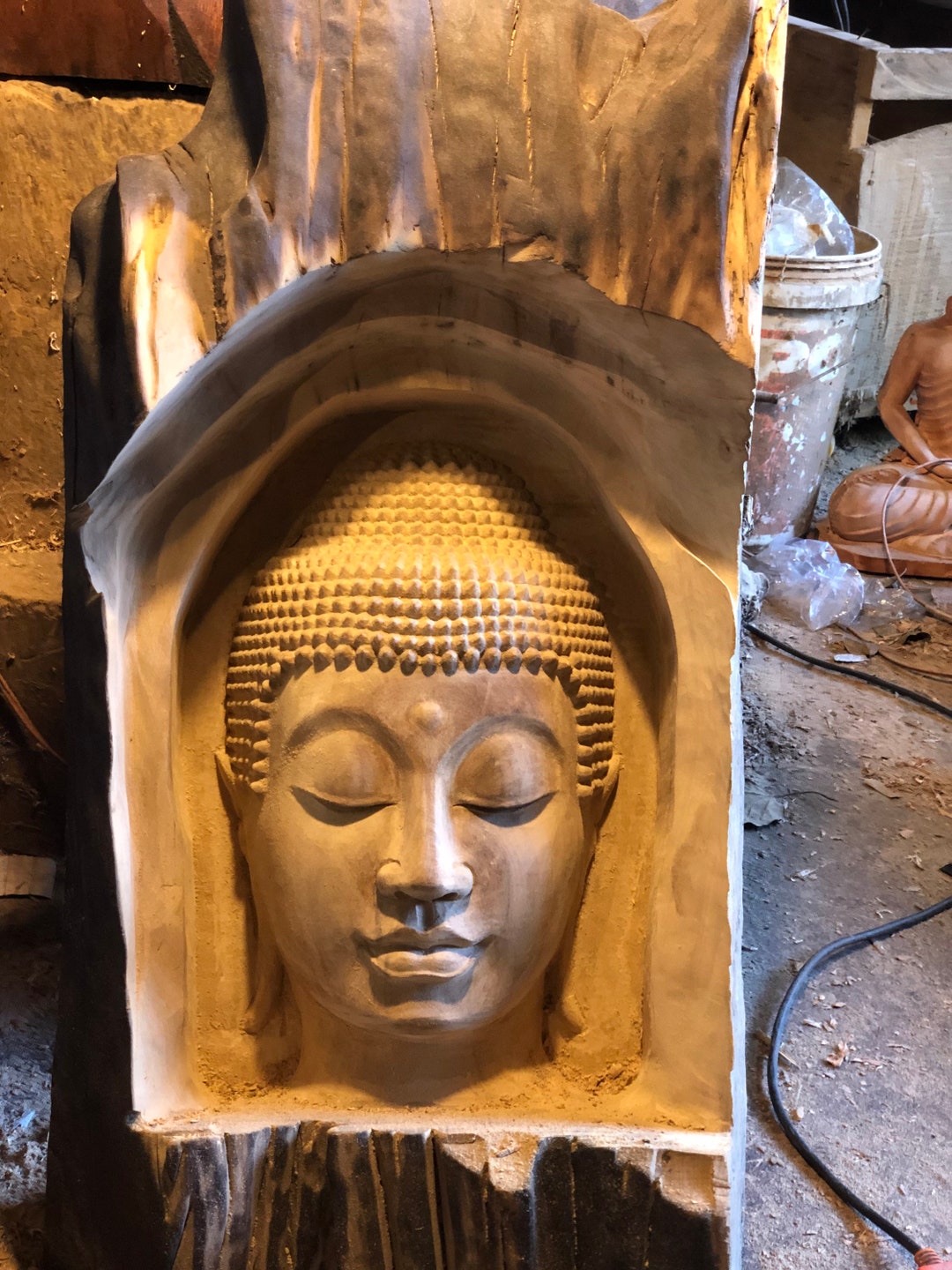 Wooden Carved Bali Style Buddha Head Etsy