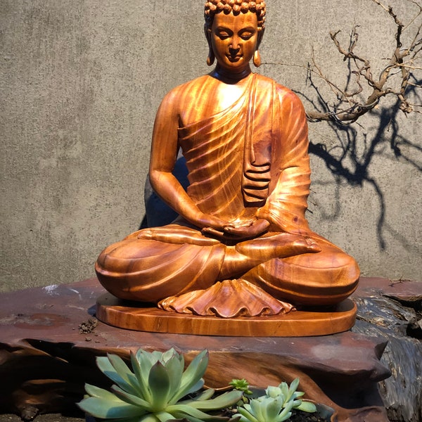 Hand-Carved Wooden Buddha with Curly Hair | Zen Decor for Home, Yoga Studio, or Altar