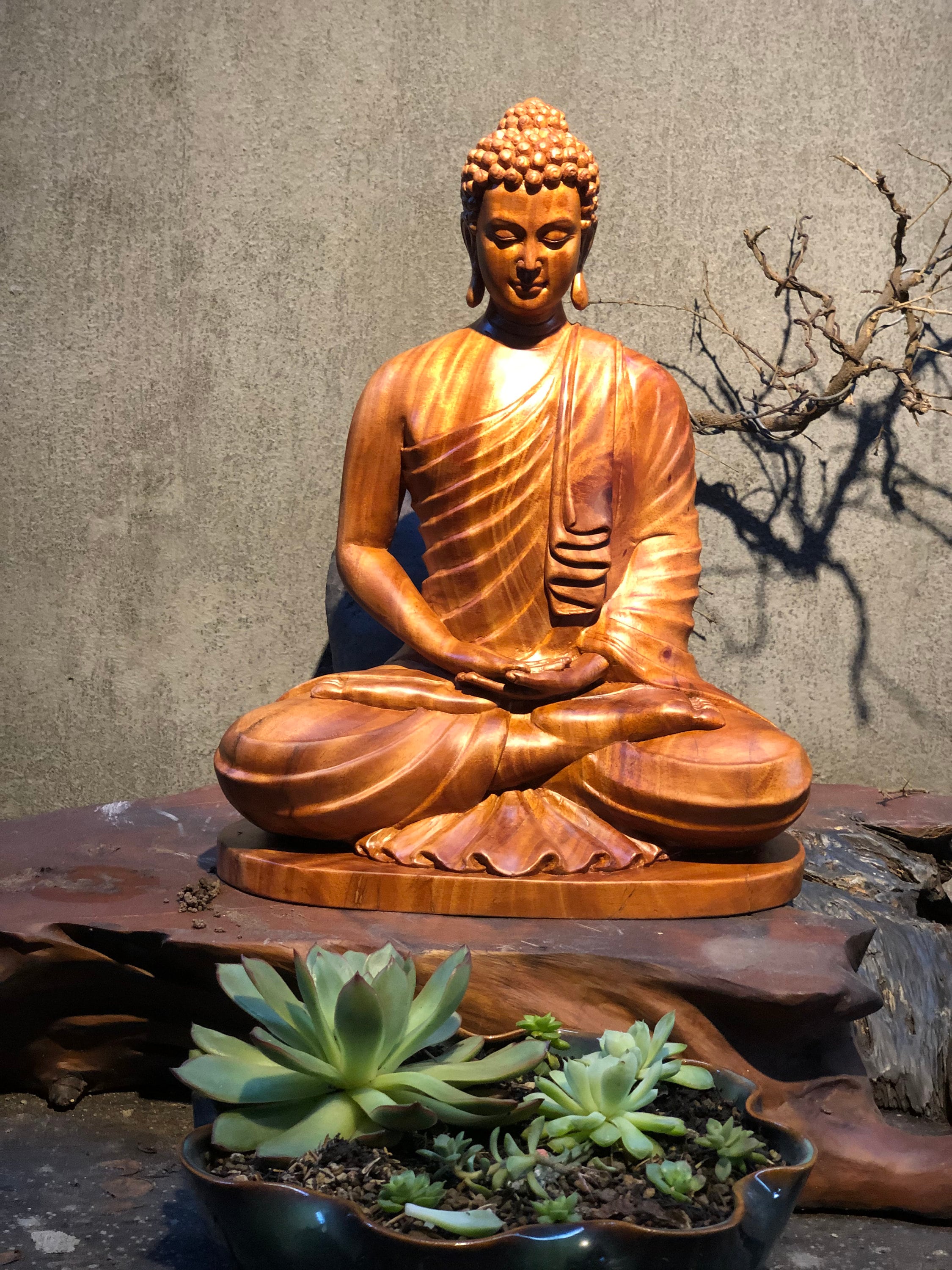 Hand-carved Wooden Buddha With Curly Hair | Zen Decor for Home