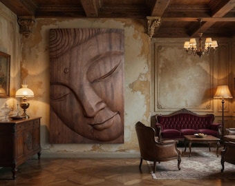 May include: A large, carved wooden Buddha face is the focal point of a room with a classic, vintage aesthetic. The room features a red velvet sofa, antique furniture, and a chandelier, creating a warm and inviting atmosphere. The walls have a distressed, aged appearance.
