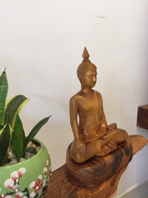 Statue Bouddha En Bois Sculpté à La Main - 15 Cm, Marron, Posture De Méditation (Dhyana Mudra)