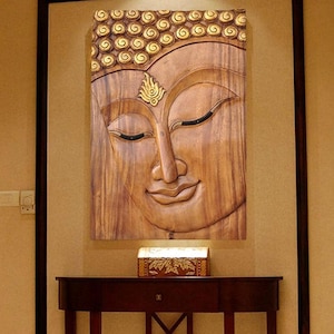 Large Wooden Buddha Face Wall Art | Hand-Carved Thai Relief Sculpture with Gold Leaf | Serene Zen Decor for Entryway or Meditation Room