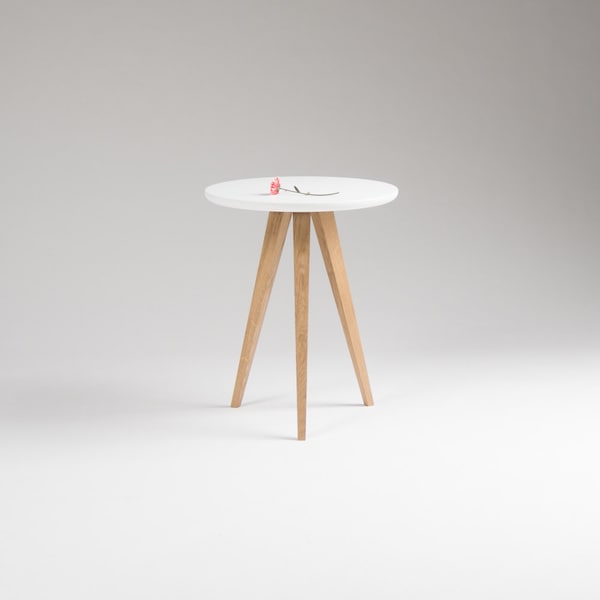 Round white nightstand, small accent table, side table with three solid oak legs