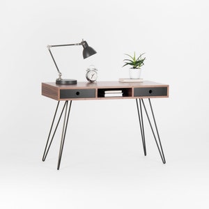 KUUB – Mid century style walnut desk with black drawers and hairpin legs