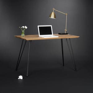 EDGE – Escritorio de madera maciza, mesa moderna con patas de horquilla de metal