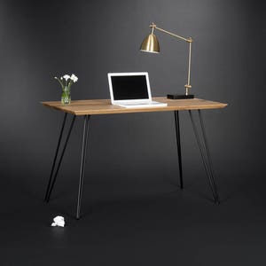 Solid wooden desk, modern table with metal hairpin legs image 1