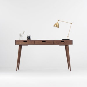 HEIM – Walnut office desk with walnut drawers and back compartments, bureau, Blum Blumotion drawers slides.