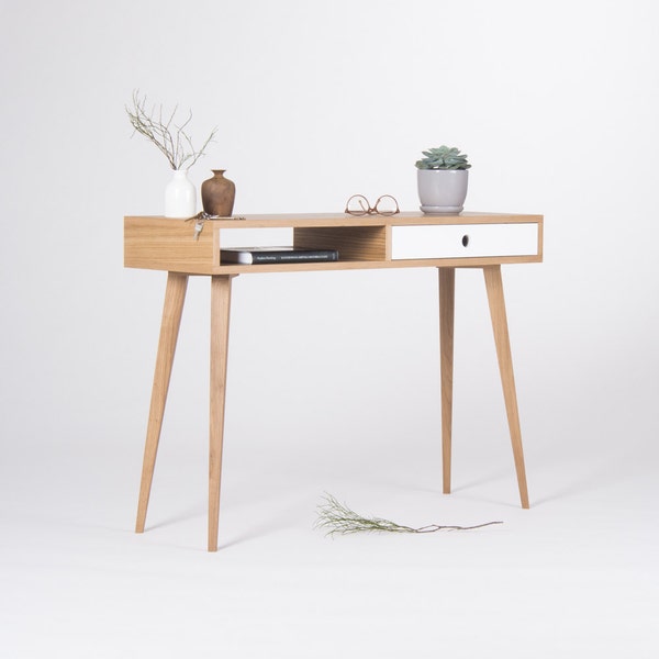 Petite table console, table d'entrée avec tiroir blanc et étagère ouverte, moderne du milieu du siècle, en bois de chêne