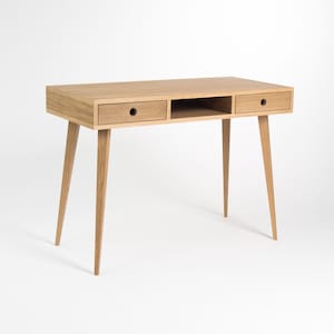 Computertafel, houten bureau, massief eikenhout, kaptafel, met opbergruimte, modern uit het midden van de eeuw afbeelding 2