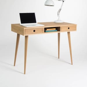 Computertafel, houten bureau, massief eikenhout, kaptafel, met opbergruimte, modern uit het midden van de eeuw afbeelding 1