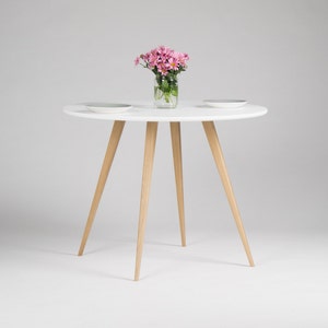 Round dining table, kitchen white table, with solid oak legs, scandinavian design
