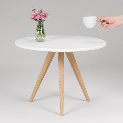White Round Coffee Table With Solid Oak Legs Scandinavian Etsy