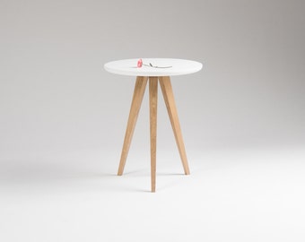 Round white nightstand, small accent table, side table with three solid oak legs