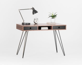 Mid century style walnut desk with black drawers and hairpin legs