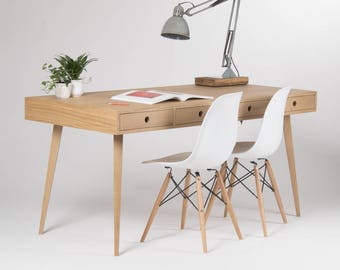 Home office desk, large computer table, oak wood, bureau with drawers, customized size and finish