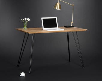 Solid wooden desk, modern table with metal hairpin legs