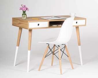 Home office computer desk, bureau, dressing table, with white drawers and painted legs, oak wood, customized size and finish
