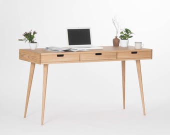 Computer desk, wood desk with black drawers, bureau, mid century modern