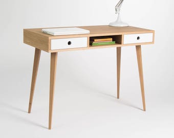 Desk for home, dressing table, bureau, with white drawers, oak wood, scandinavian design, mid century modern