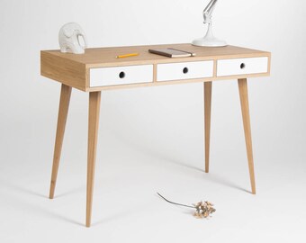 Home office desk, small dressing table, bureau, with white drawers, oak wood, mid century modern, customized size and finish