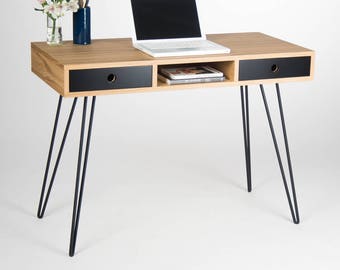 Home office desk, industrial small table, bureau, with black drawers, mid century modern, oak wood, steel / metal hairpin legs