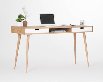 Modern oak desk with white drawers and storage, mid century modern