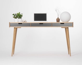 Computer desk, wood desk with black drawers, bureau, mid century modern