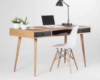 Groot modern eiken bureau, computertafel, bureau met zwarte laden, eikenhout, modern uit het midden van de eeuw, aangepast formaat en afwerking