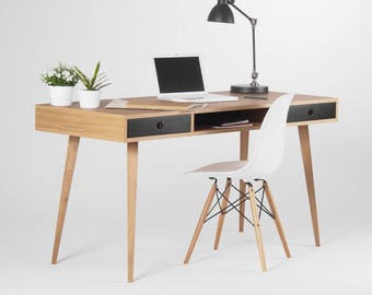 Large modern oak desk, computer table, bureau with black drawers, oak wood, mid century modern, customized size and finish