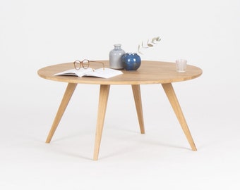 Round coffee table made of solid oak wood, scandinavian design