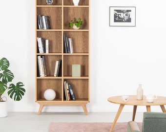 Bookcase, bookshelf, mid century modern, scandinavian, shelf unit made of oak wood