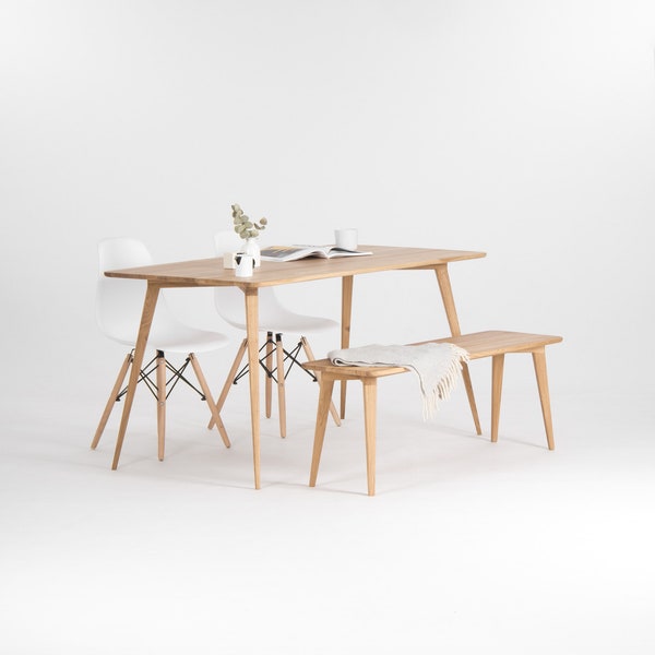 Table à manger avec banc, ensemble de table à manger en bois de chêne massif, design scandinave moderne du milieu du siècle