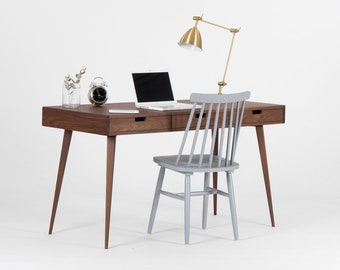 HEIM – Walnut wood vanity desk, best large makeup station with drawers and lockable storage