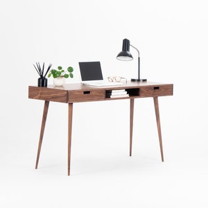 Desk for office, mid-century computer desk with two drawers and a recess