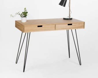 Minimalist desk, dressing table, bureau, small computer table, mid century modern, oak wood, steel / metal hairpin legs