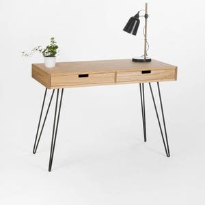 HEIM – Minimalist desk, dressing table, bureau, small computer table, mid century modern, oak wood, steel / metal hairpin legs