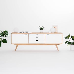 HEIM - Versatile white front credenza, long sideboard, perfect for TV stand or dining room