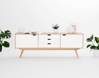 Credenza moderna della metà del secolo, mobile consolle retrò, credenza bianca