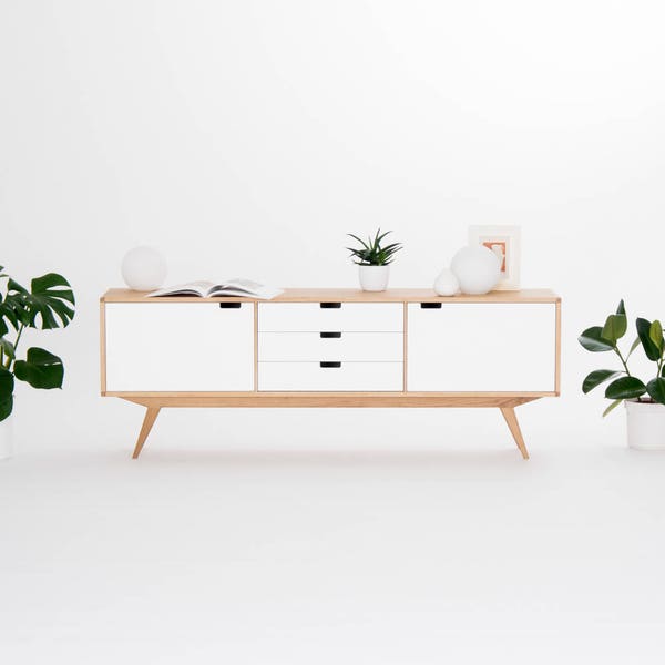 Mid century modern sideboard, retro console cabinet, white credenza