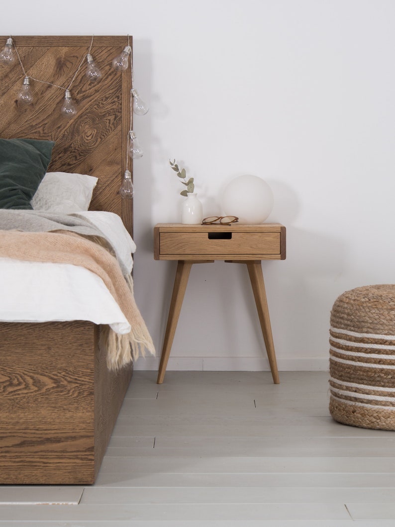 Mid century nighstand, bedside table, with drawer, made of oak wood image 2