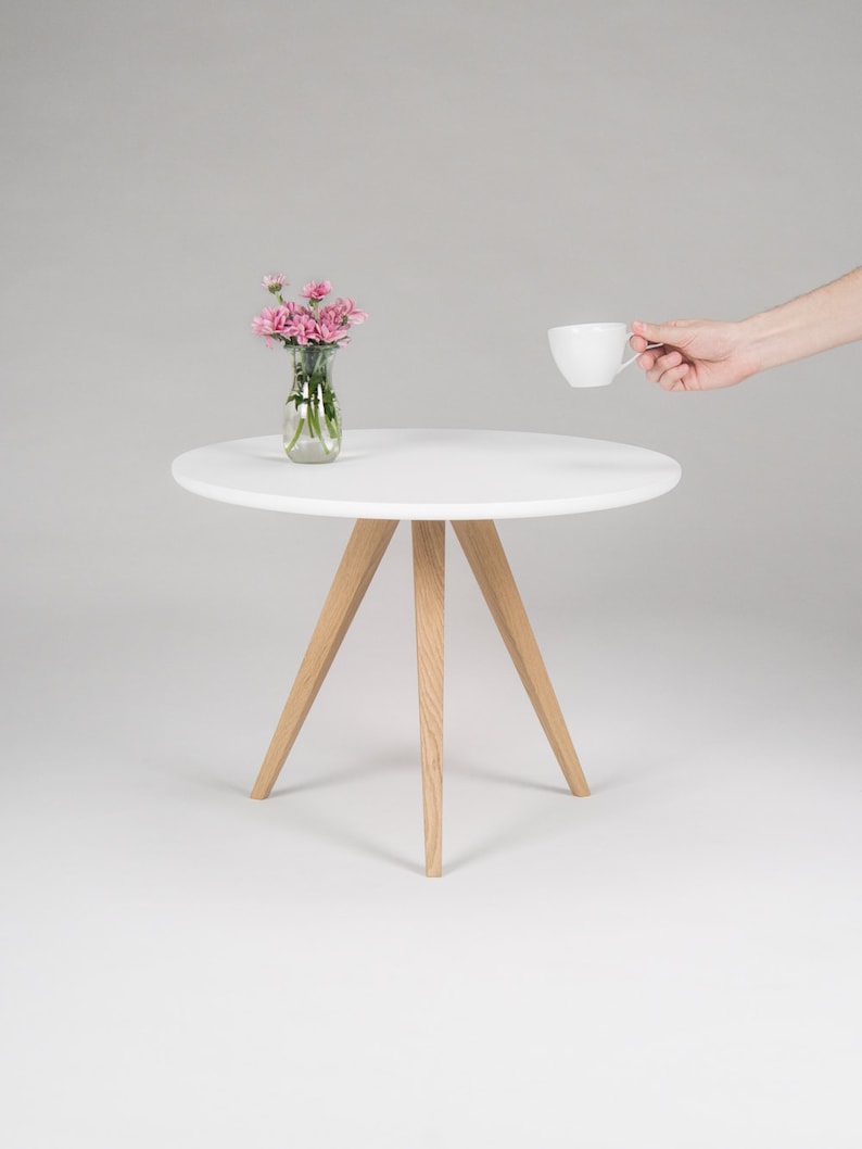 White round coffee table, with solid oak legs, scandinavian design image 1
