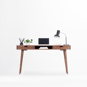 Desk for office, mid-century computer desk with two drawers and a recess image 2