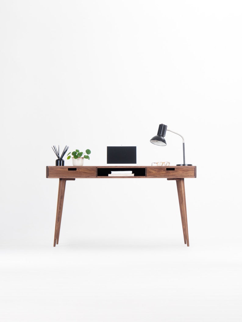 Desk for office, mid-century computer desk with two drawers and a recess image 2