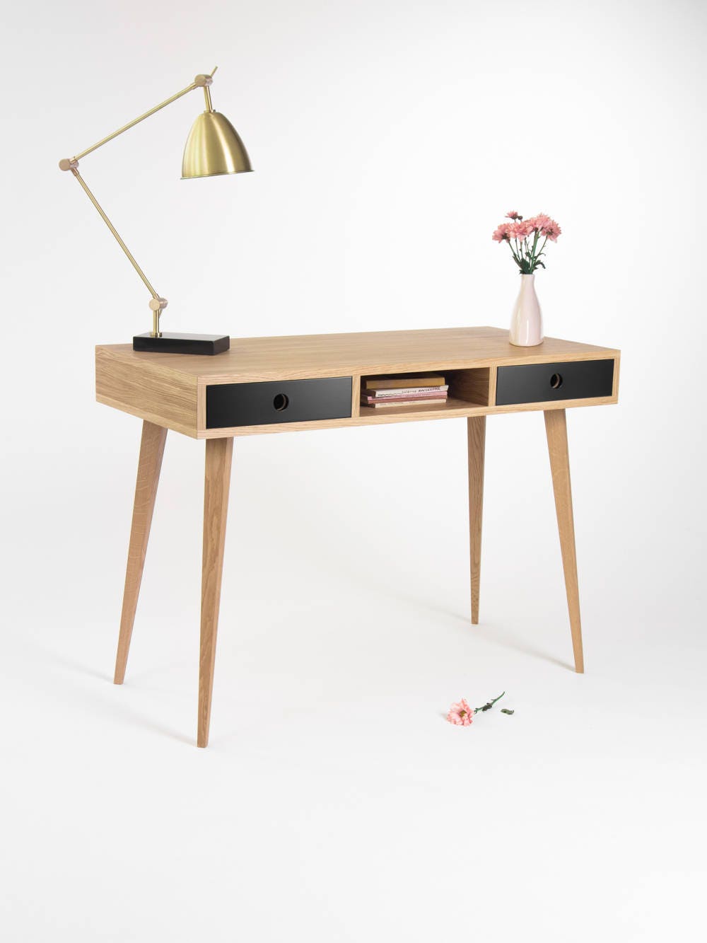 Table de Bureau, Petit avec Tiroirs Noirs, Moderne Du Milieu Siècle, Bois Chêne, Taille et Finition 