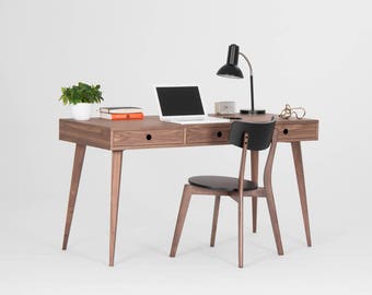 Wooden desk, mid century modern, walnut desk with three drawers