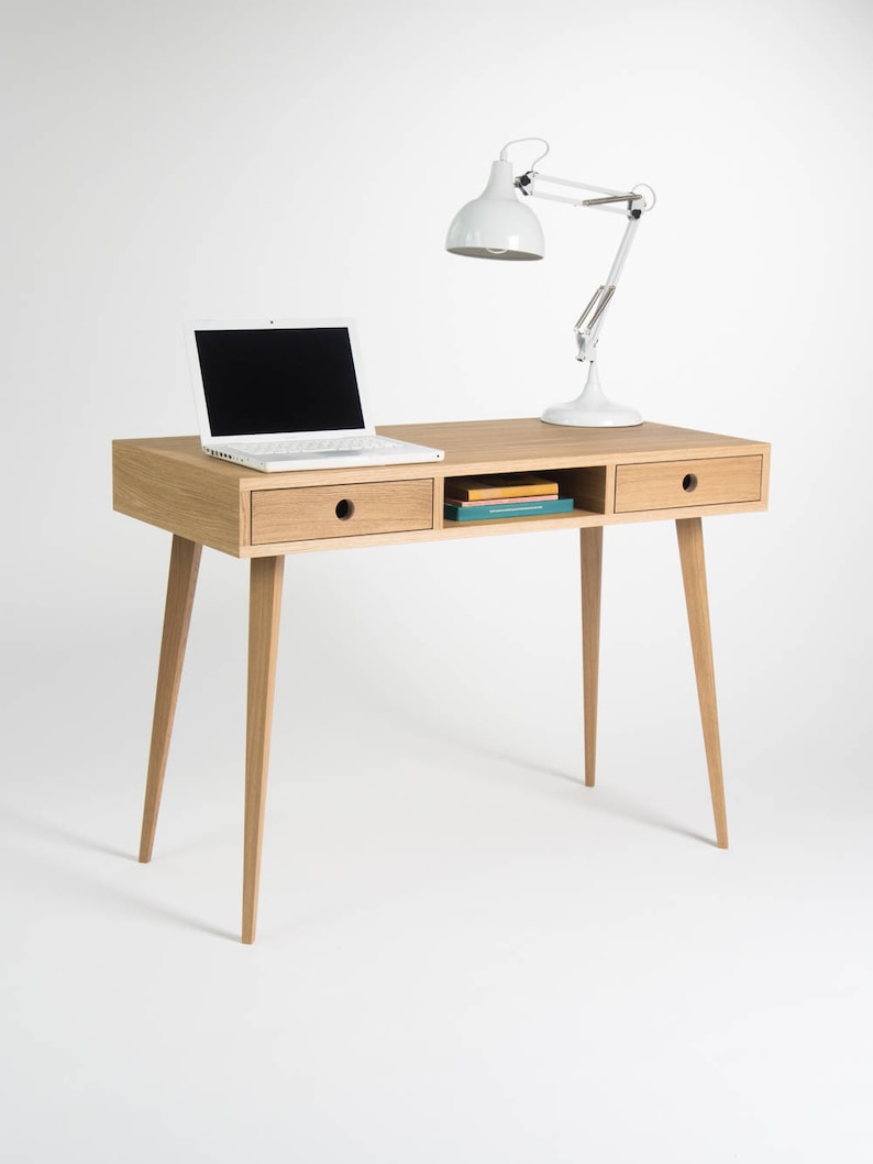 Computertafel, houten bureau, massief eikenhout, kaptafel, met opbergruimte, modern uit het midden van de eeuw afbeelding 1